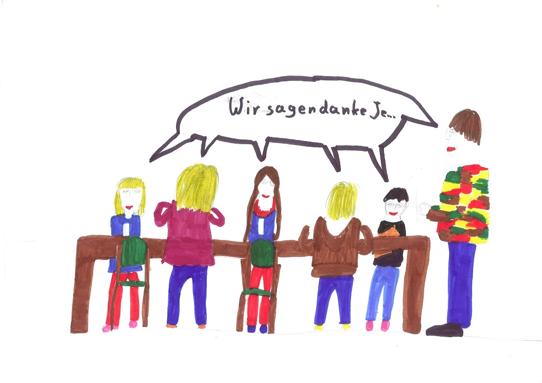 Das Bild entstand bei der Arbeit mit Kindern im Amt für kirchliche Dienste - die Sie mit Ihrer Spende fördern können. Man sieht mit Filzstift gezeichnete Kinder um einen Tisch sitzen, eine Erzieherin sagt "Wir sagen Danke, Je(sus)"; Zeichnung:Hannah, 8 Jahre; Foto: AKD